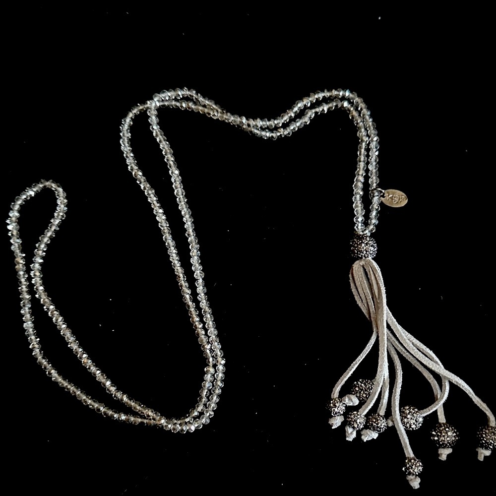 Elegant Silver Beaded Necklace with grey leather tassels